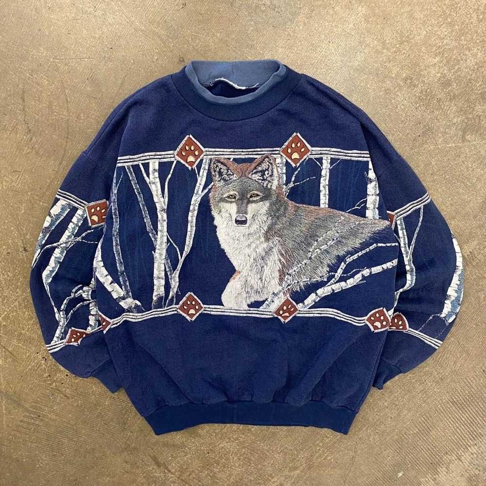 Vintage 90s Wolf AOP Nature Outdoors Animals Sweatshirt Crewneck Size Large